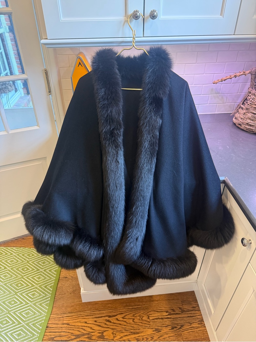 Fréres Paris Black Fox Fur Trim Cape Sweater - Women's Elegant Wrap
